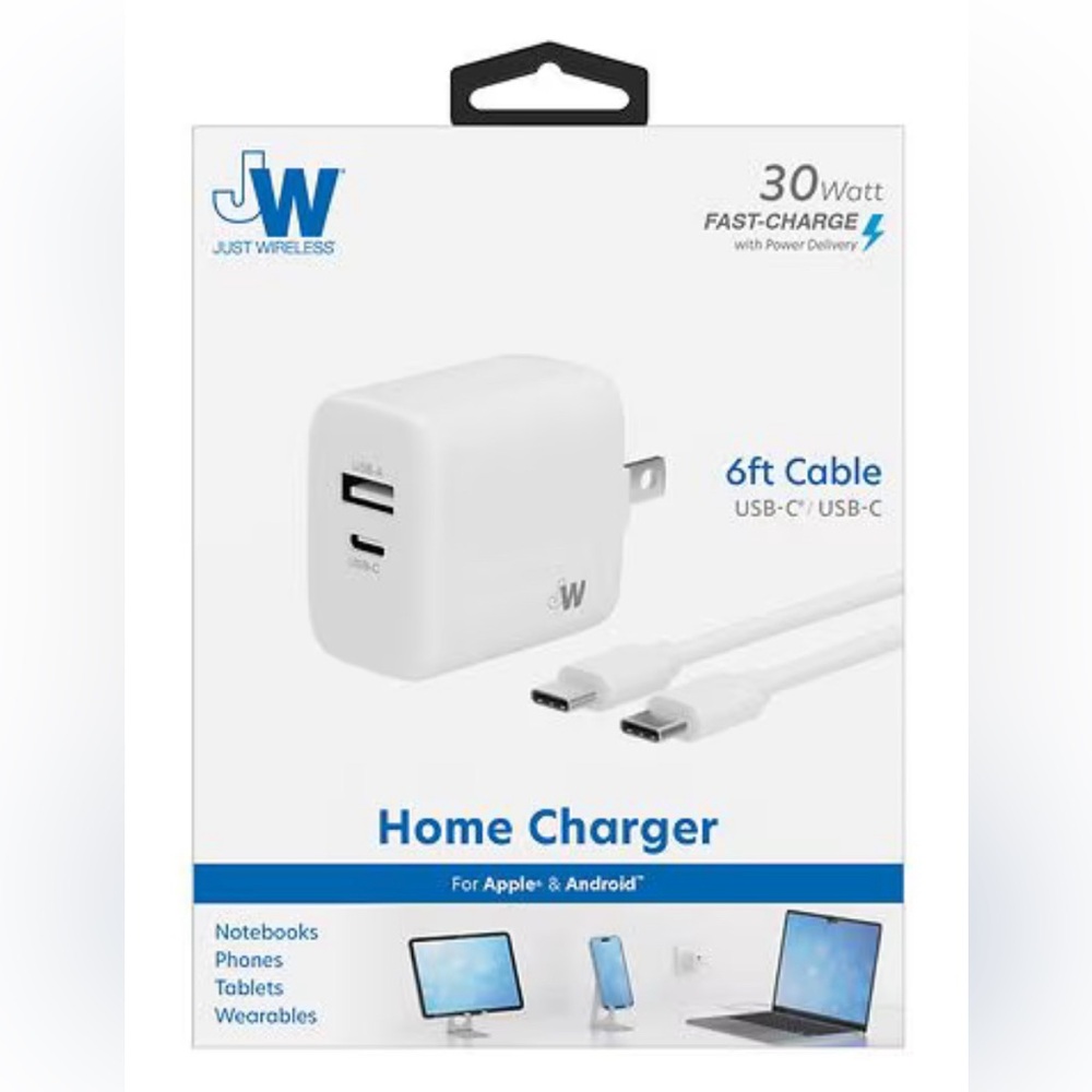 Just Wireless Home Charger Dual USB-A/USB-C 30 Watt 6 ft